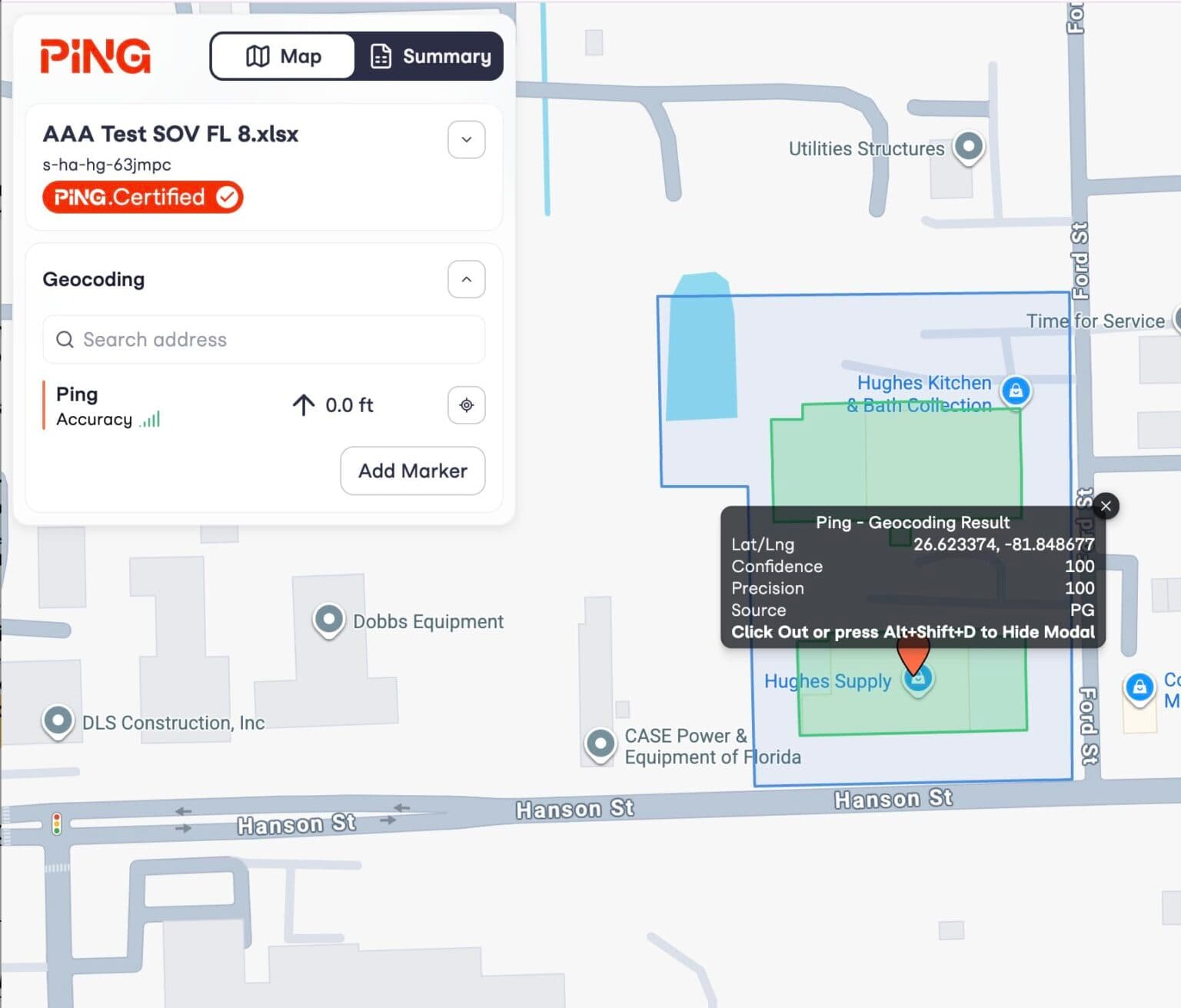 Ping.Geocoding location precision shown on a map