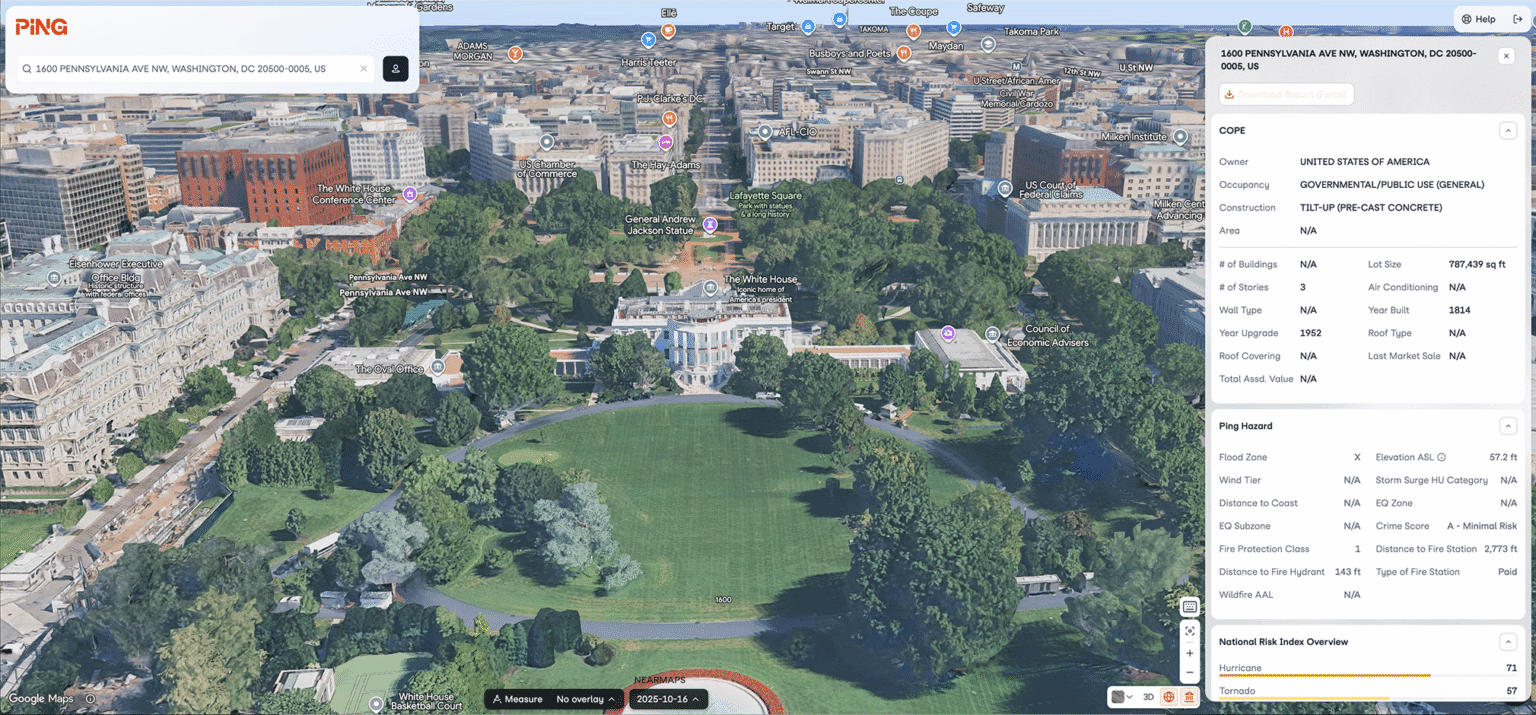 Aerial map and risk information for a selected location