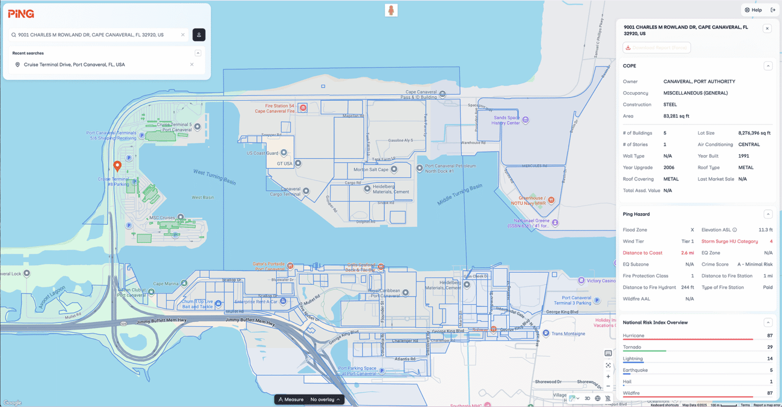 Ping.Location map and single-building risk data