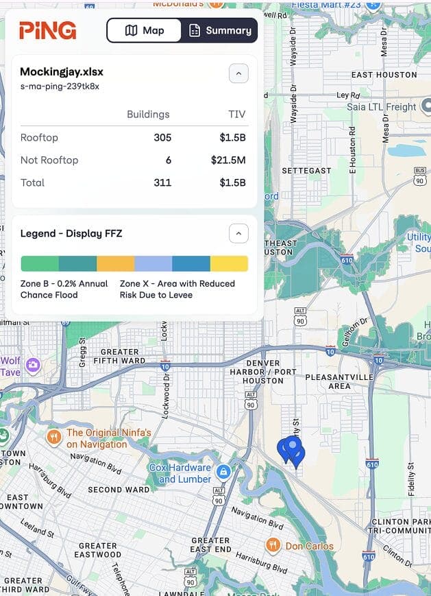 PING.Maps flood zone overlay on a Houston area map
